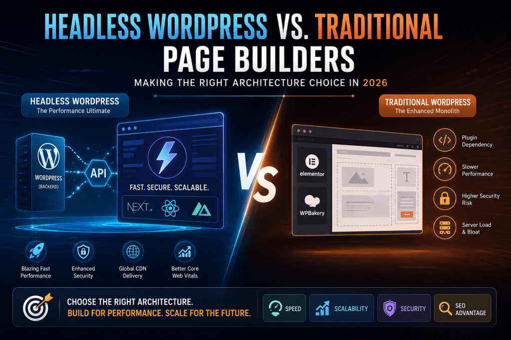 Headless WordPress vs Traditional WordPress architecture comparison showing performance, SEO, scalability, and security benefits in 2026