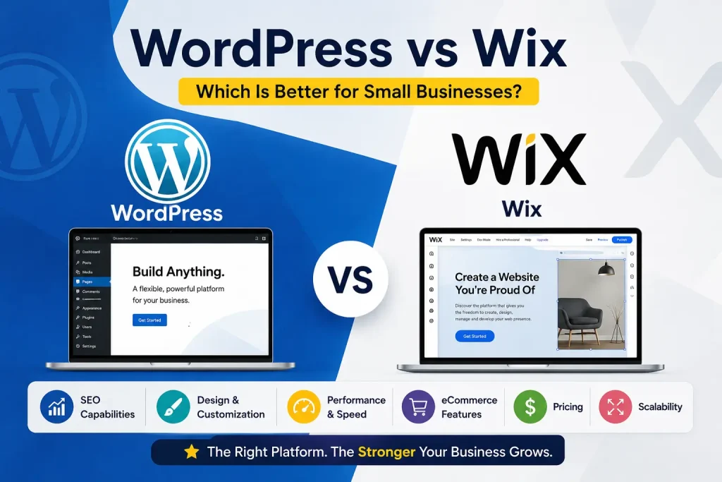 WordPress vs Wix comparison for small business websites showing SEO, customization, and performance differences.